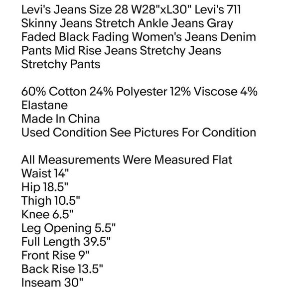 Levi's Jeans Size 28 W28"xL30" Levi's 711 Skinny Jeans Stretch Ankle - Picture 2 of 8